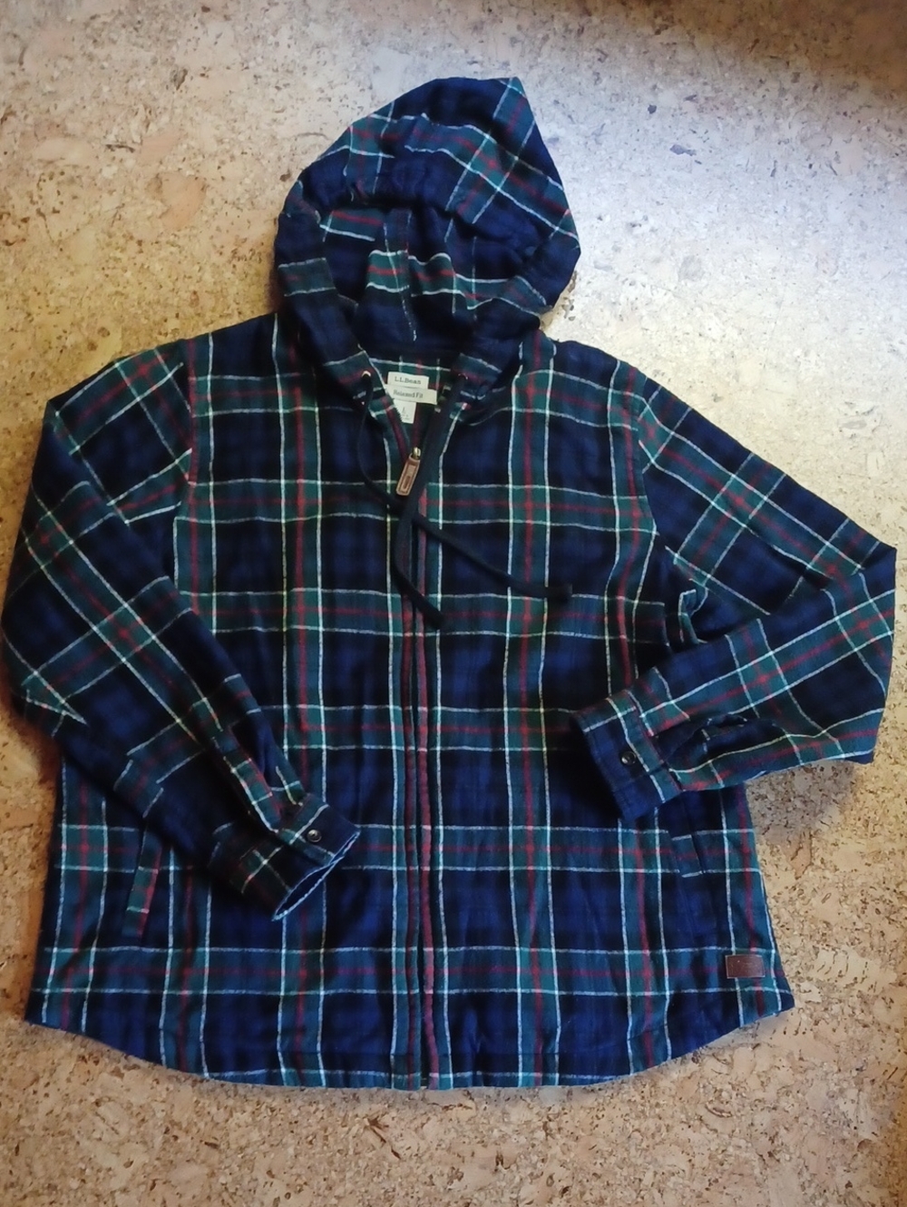 LL Bean Women's Blue/Green/Red Plaid Flannel Full Zip Hoodie Jacket Size L
